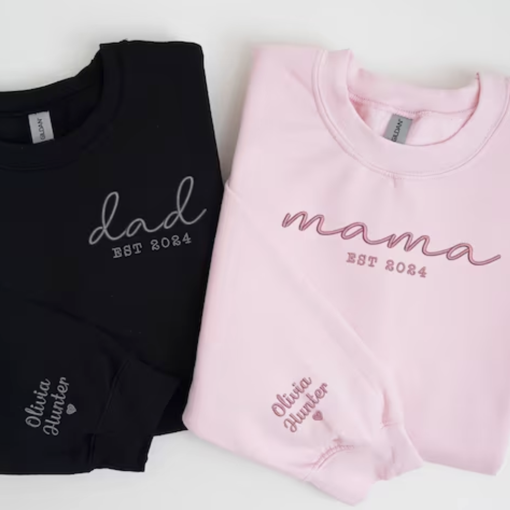 Custom Mama With Dad Est On Chest And Sleeve - Gift For Mother, Father - Embroidered Sweatshirt