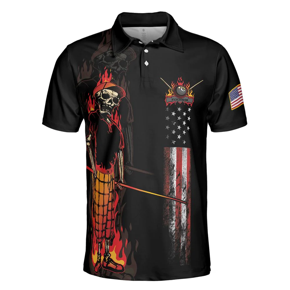 Mr Bones 8 Ball American Flag Billiards Short Sleeve Golf Polo Shirt For Men