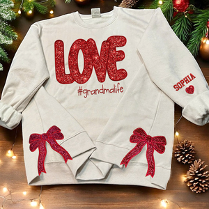 Glitter Love Grandmalife Embroidered Mimi, Grandma Christmas Bow Embellished Sweatshirt - Custom Side Bow Cut-Out Sweatshirt - Gift For Grandma, Mom - NH96