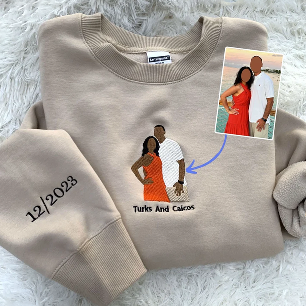 Custom Love Couple Image On Chest And Sleeve - Gift For Couple - Embroidered Sweatshirt