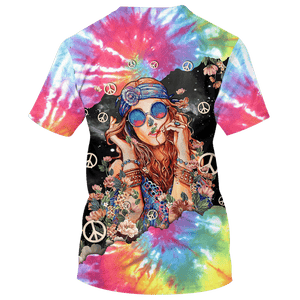 Hippie Girl And Flower Colorful Peace - T-Shirt