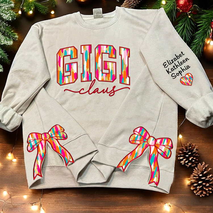 Custom Name Gigi Colorful Coquette Glitter Christmas - Side Bow Appliqué Sweatshirt Embroidered - Gift For Grandma, Mom - NH96