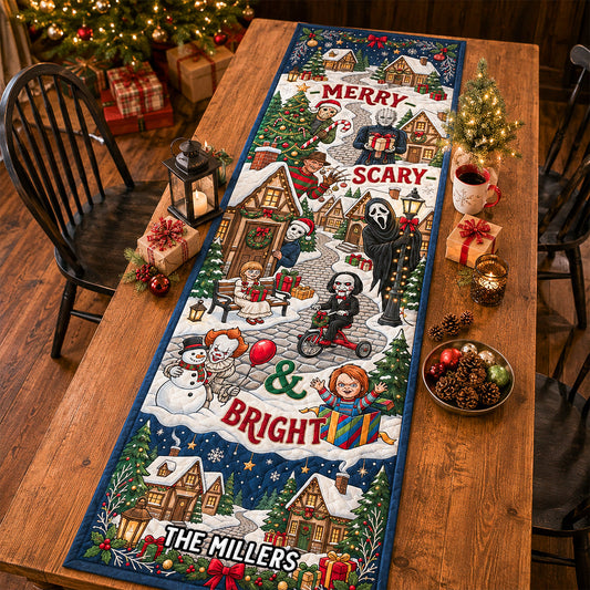 LA02. Merry Scary Christmas Family Decor, Custom Family Name Gift - Personalized Quilt Table Runner