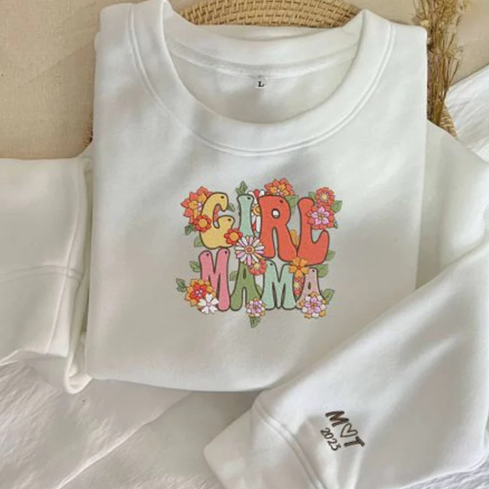 Custom Girl Mama Flowers Garden On Chest And Sleeve - Gift For Mom, Grandma - Embroidered Sweatshirt