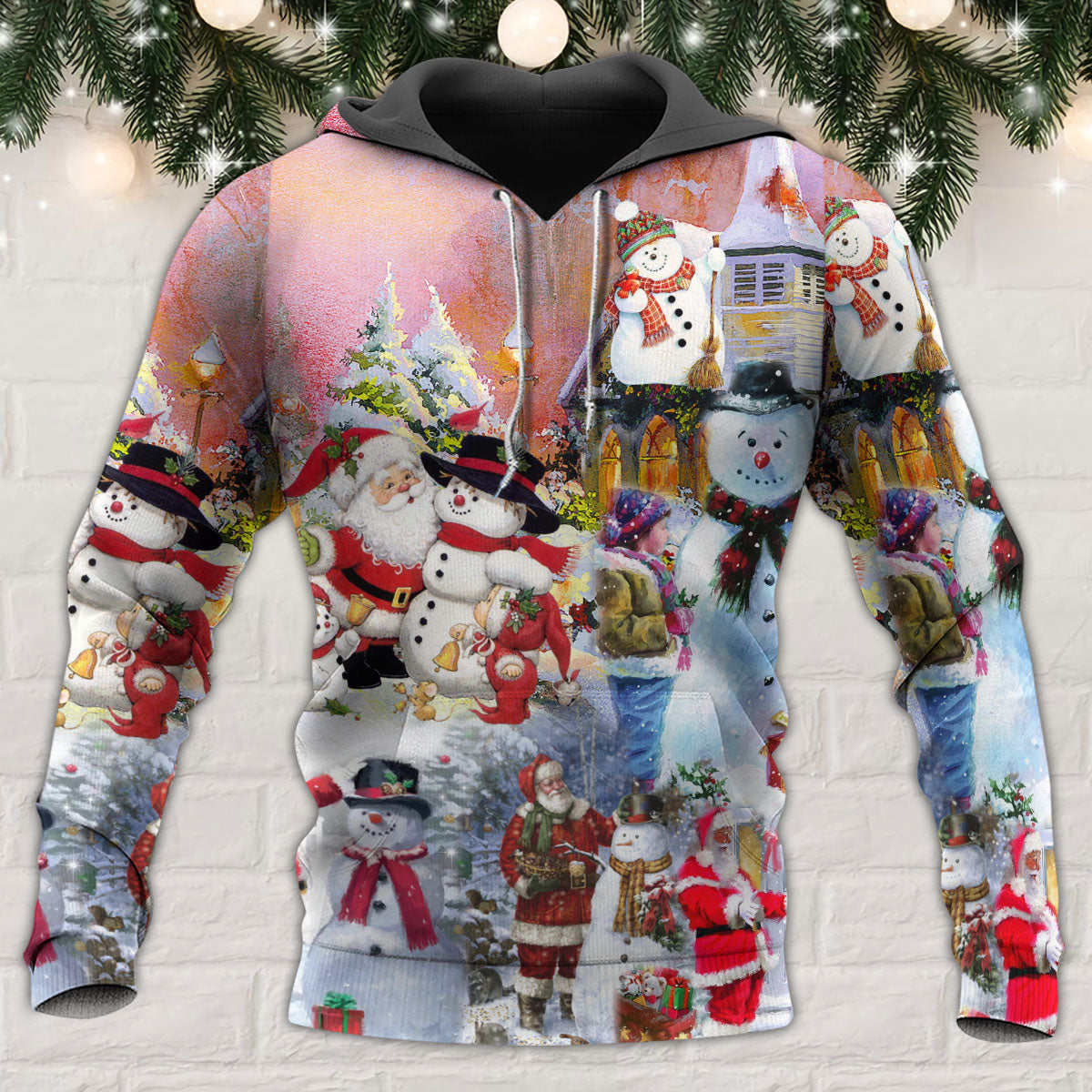 Santa And Snowman Christmas Snow Village - Hoodie