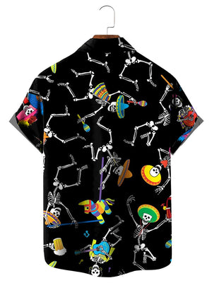 Skeleton Cinco De Mayo Chest Pocket Short Sleeve Hawaiian Shirt