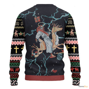 Jesus Riding Reindeer Black Ugly Christmas Sweater