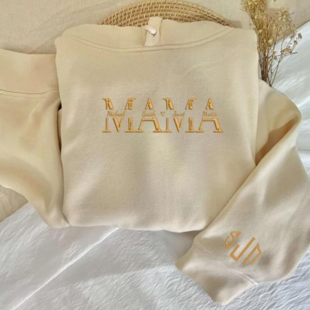Custom Kids In Mama On Chest And Sleeve - Gift For Mom, Grandma - Embroidered Sweatshirt