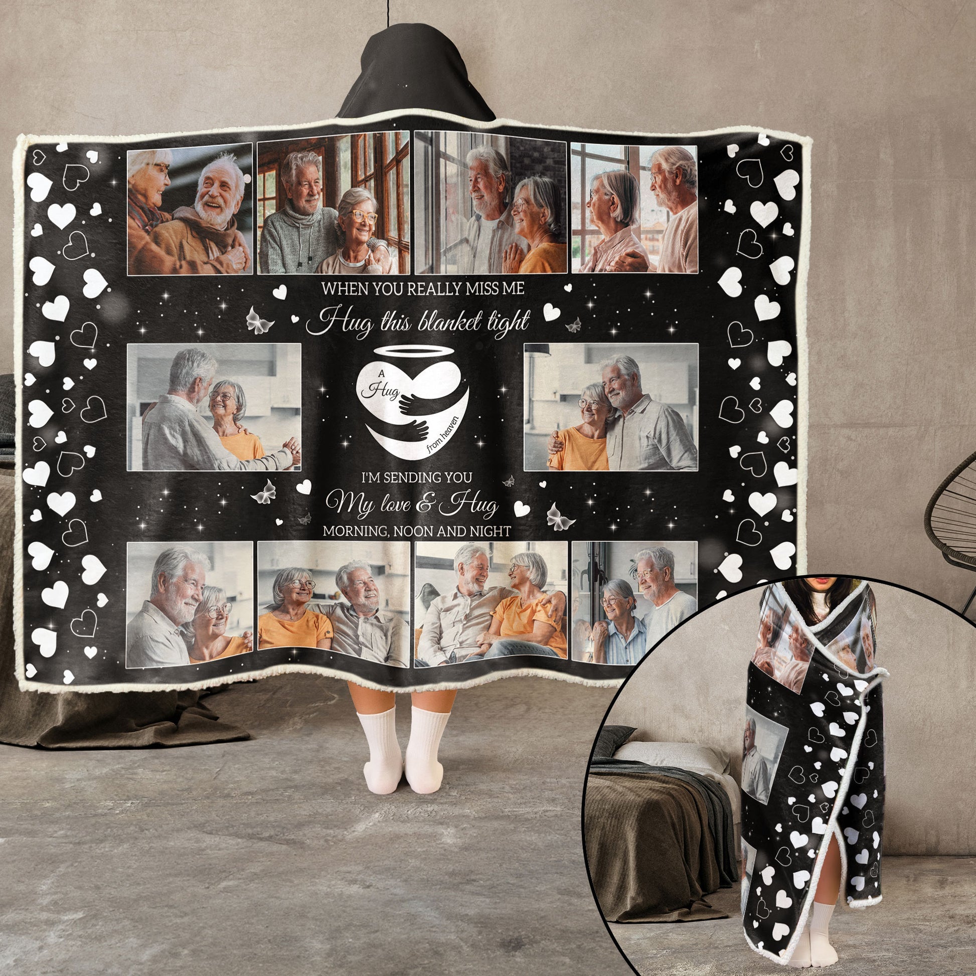 Custom Photo When You Miss Me Hug This Blanket Tight - Personalized Wearable Hooded Blanket - Gift For Husband, Wife, Couples, Lovers - NA94