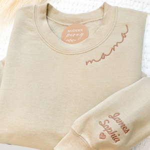 Custom Mama Heart On Neckline And Sleeve - Gift For Mom, Grandmother - Embroidered Sweatshirt