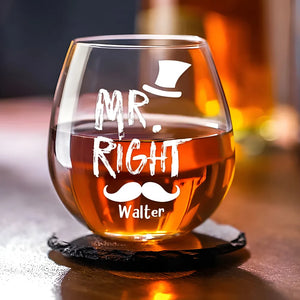 Mr And Mrs Right - Personalized Stemless Wine Glass - Gift For Couple, Husband Wife, Wedding, Engagement, Marriage Gift NA94