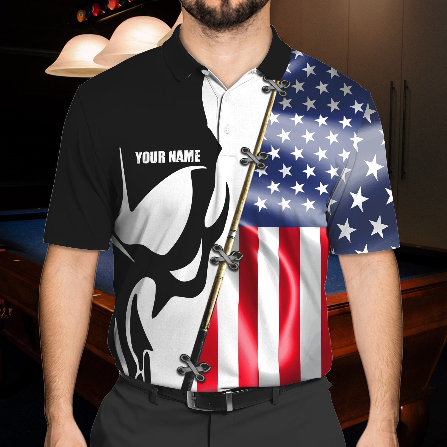 Personalized Skull And Flag US Cue Billiard Polo Shirt