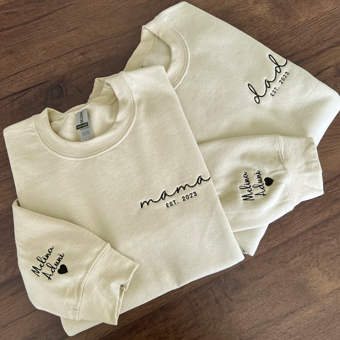 Custom Text Mama and Dad - Embroidered Sweatshirt, Hoodie, Tshirt - Best Gift for Mother, Father