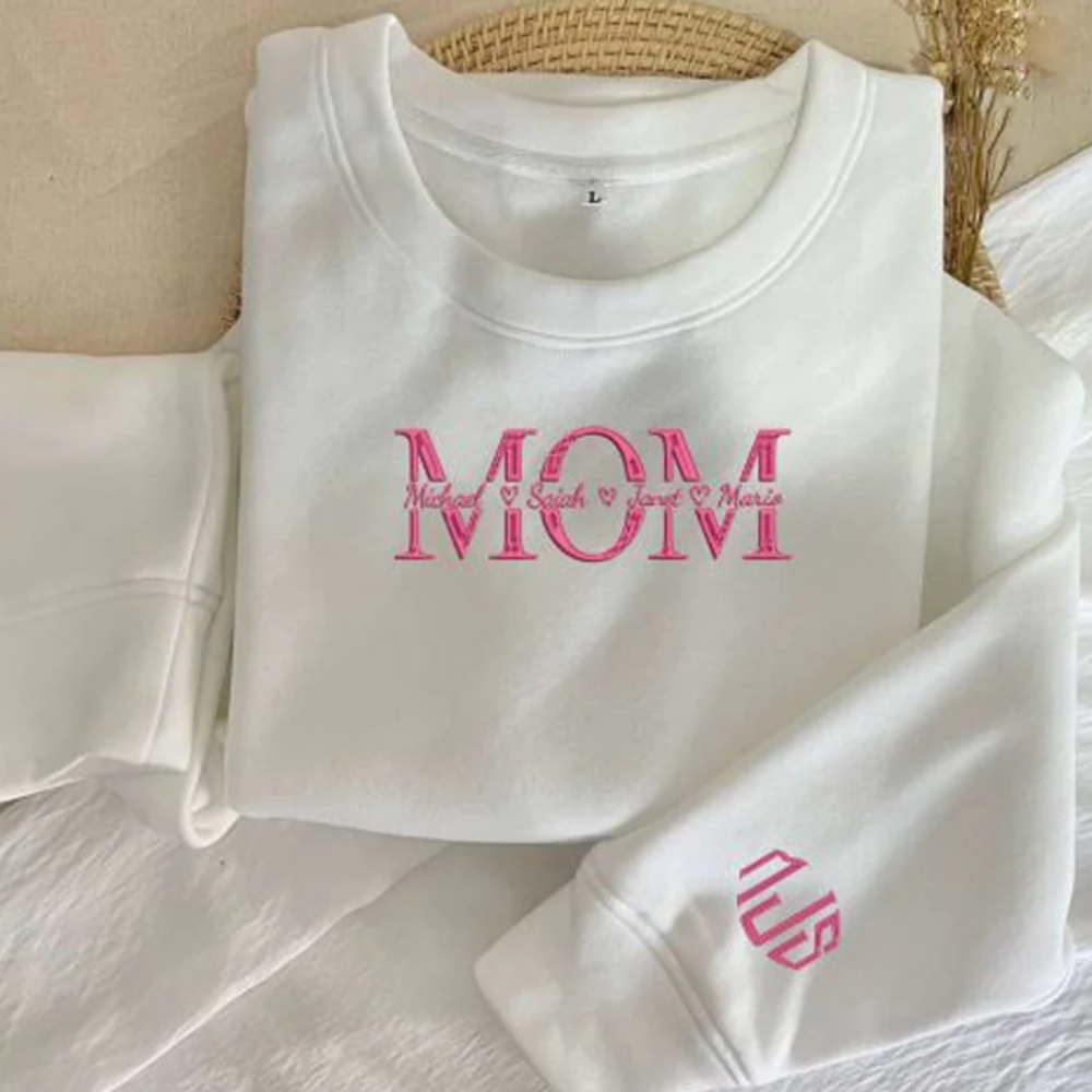 Custom Kids In Mom On Chest And Sleeve - Gift For Mom, Grandma - Embroidered Sweatshirt