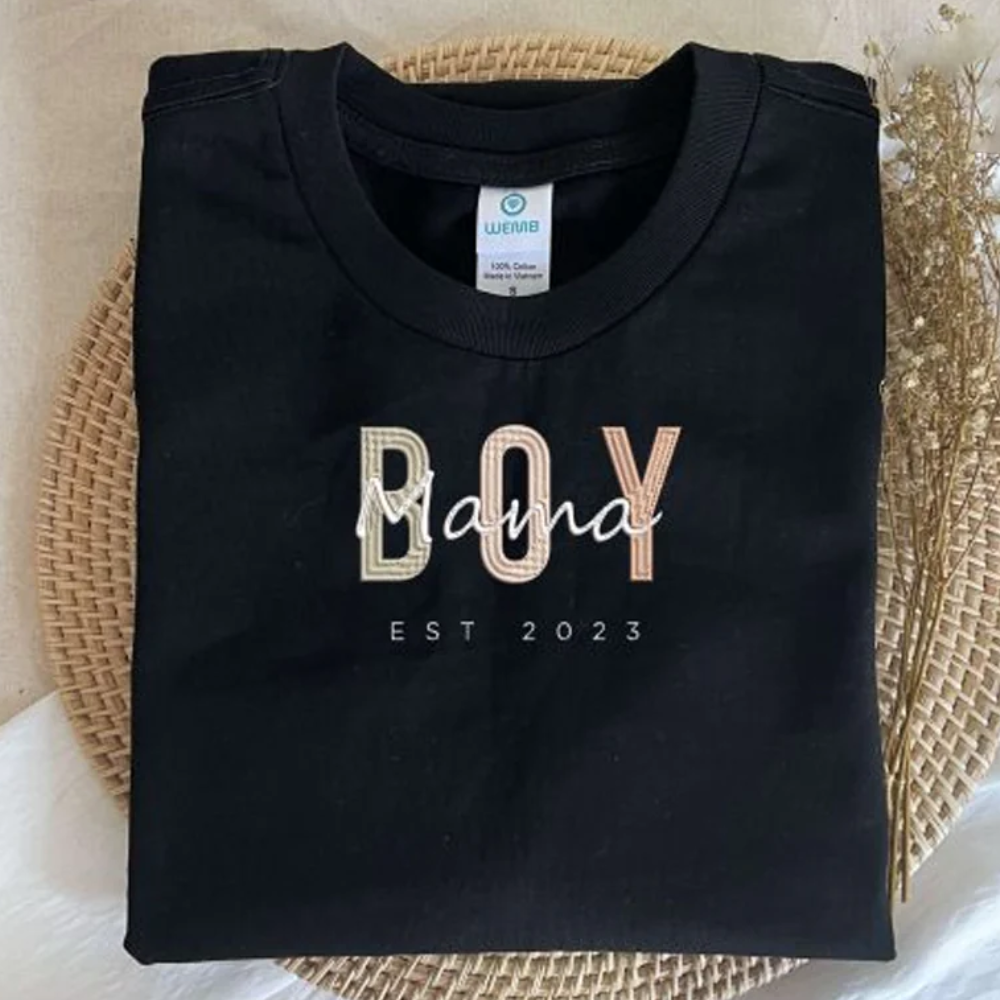 Custom Boy Mama Est On Chest And Sleeve - Gift For Mom, Grandma - Embroidered Sweatshirt