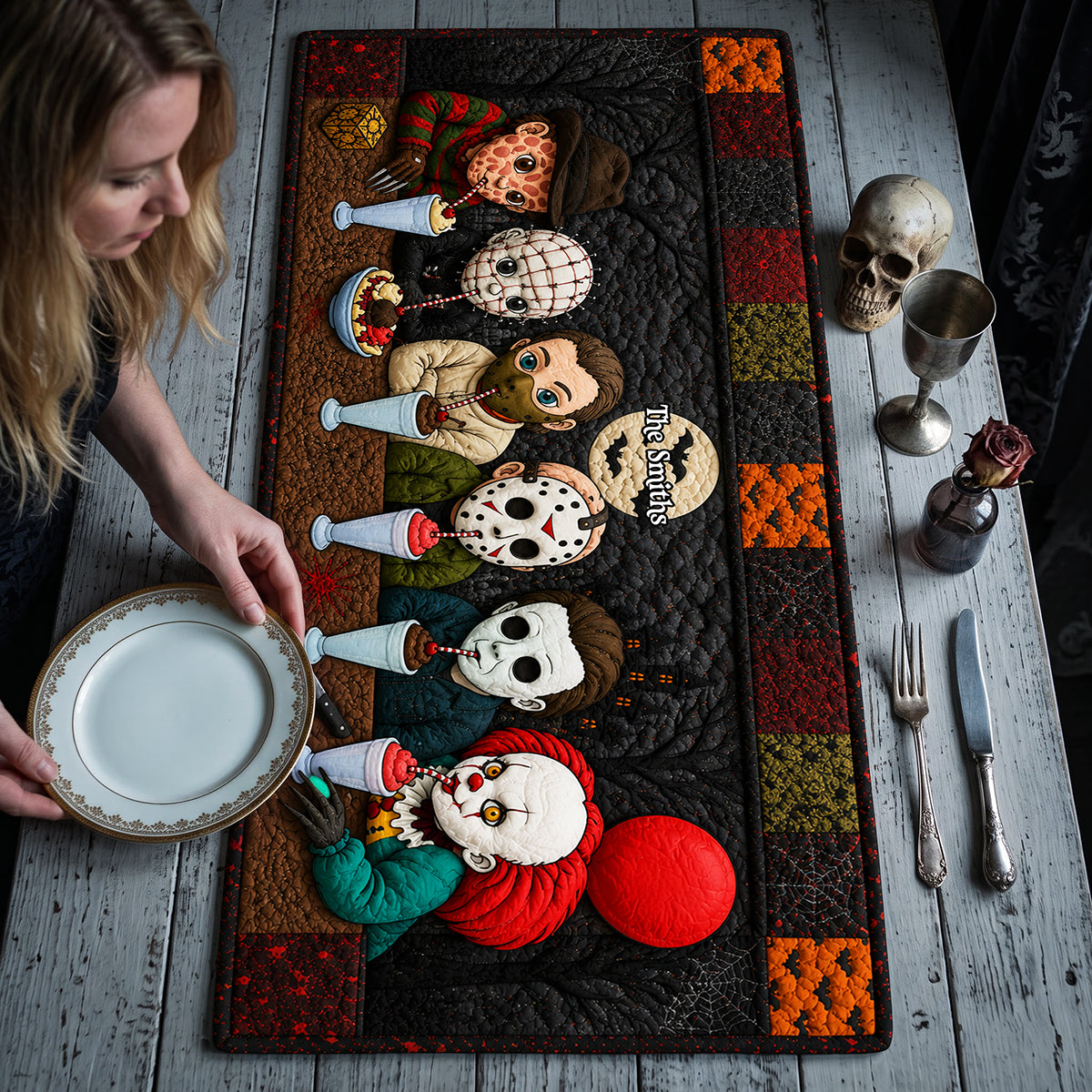 VD01. Cute Horror Characters Halloween Gift For Horror Fans- Personalized Quilt Table Runner
