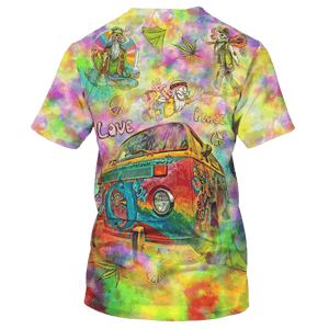 Hippie Flying Cartoon Love Peace With Car - T-Shirt