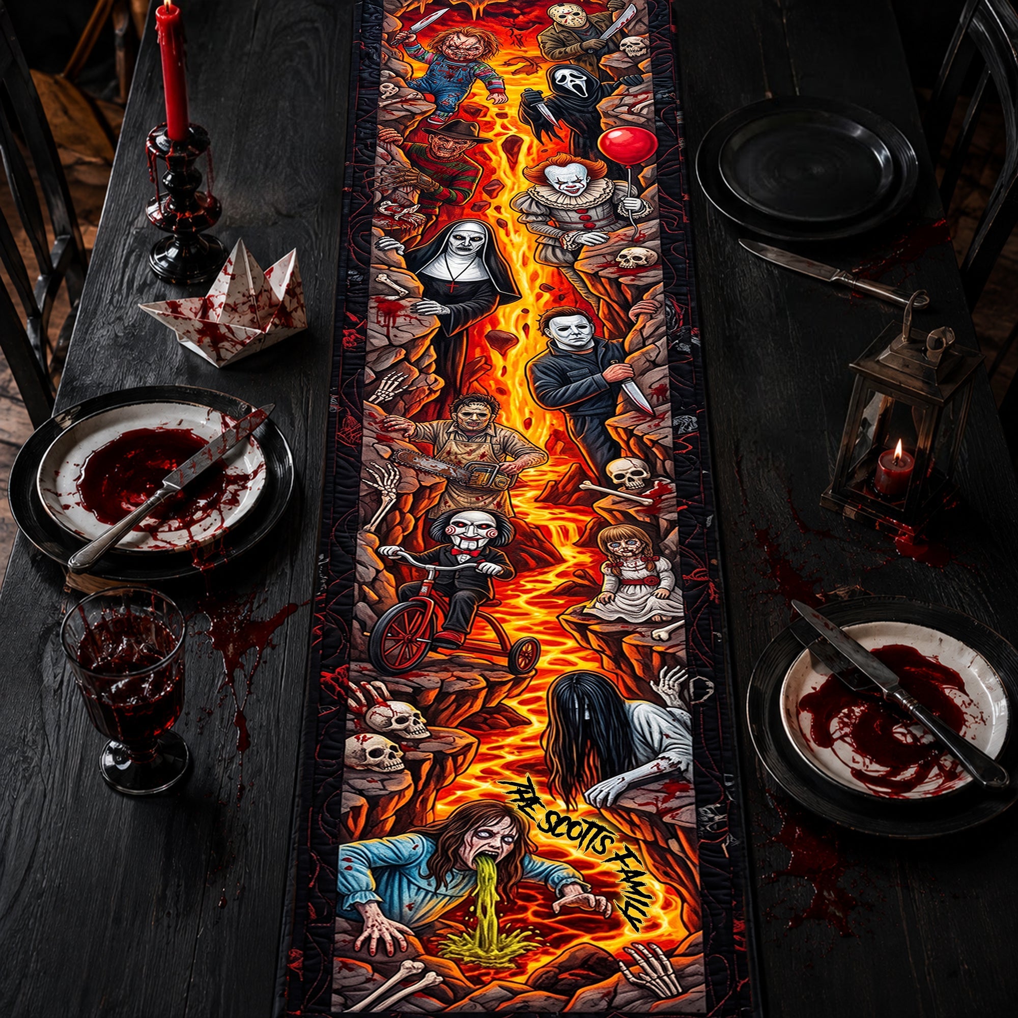 Creepy Horror Halloween Dining Table Decor, Spooky Party - Personalized Quilted Table Runner LA02