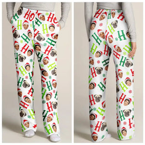 Custom Photo Funny Dog Cat Pet Human Faces Ho Ho Ho - Gift For Family Members, Friends - Personalized Pajama Pants - NA94