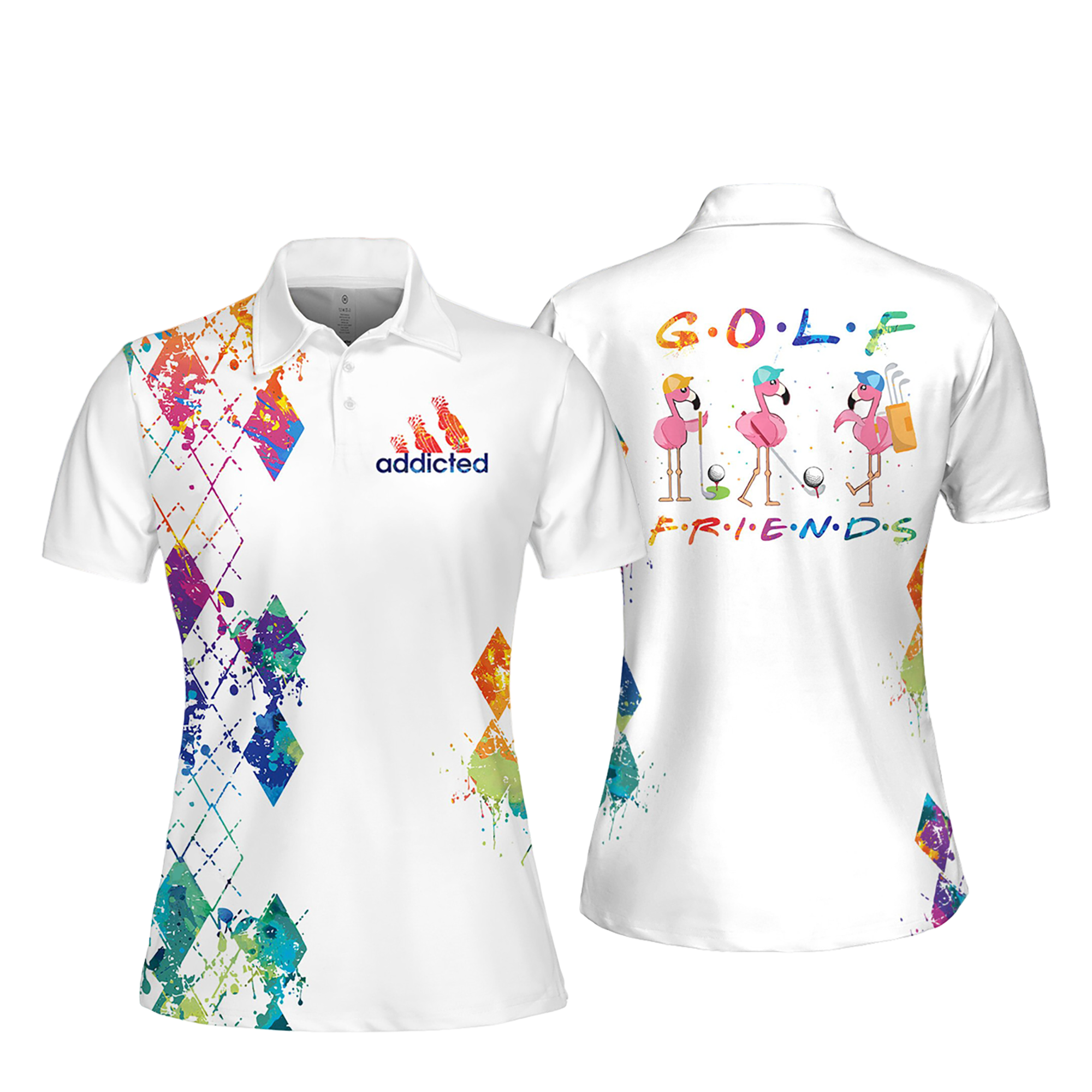 Watercolor Flamingo Golf Friends Argyle Women Short Sleeve Polo Shirt