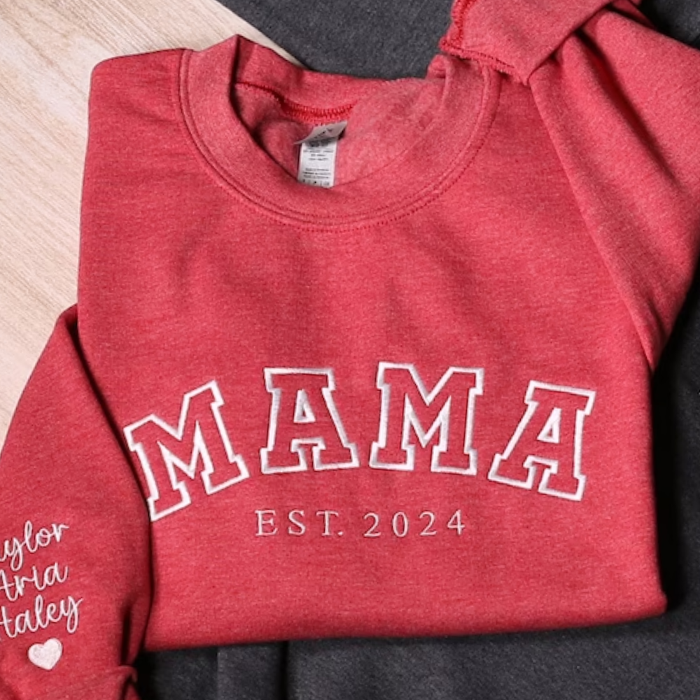 Custom Mama Papa Est On Chest And Sleeve - Gift For Mom, Dad - Embroidered Sweatshirt