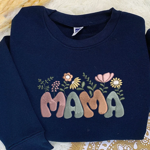 Custom Mama With Flower On Chest And Sleeve - Gift For Mom, Grandmother - Embroidered Sweatshirt