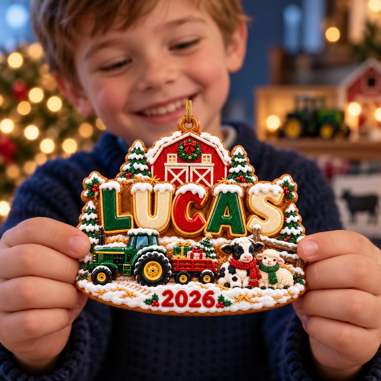 2d4f9d3d a99f 4285 9823 8f3590113334 Joyful child receives personalized Christmas farm ornament 2