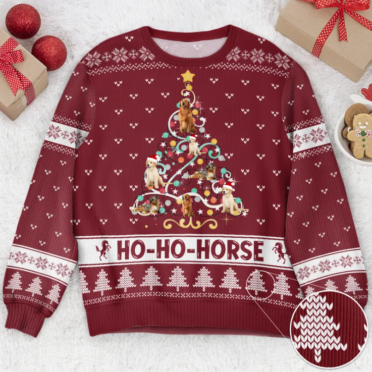 Custom Photo Ho Ho Horse Funny Christmas Tree - Christmas Gift For Pet Lovers - Personalized Ugly Sweater