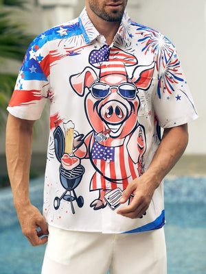 American Flag Mr Pig Cook Chest Pocket Hawaiian Shirt