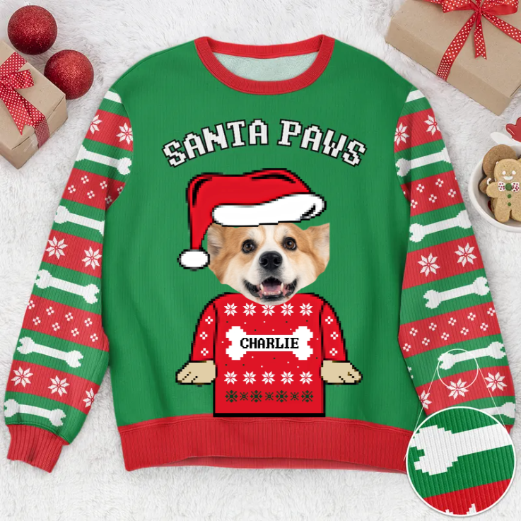 Custom Photo Santa Paws - Christmas Gift For Pet Lovers - Personalized Ugly Sweater