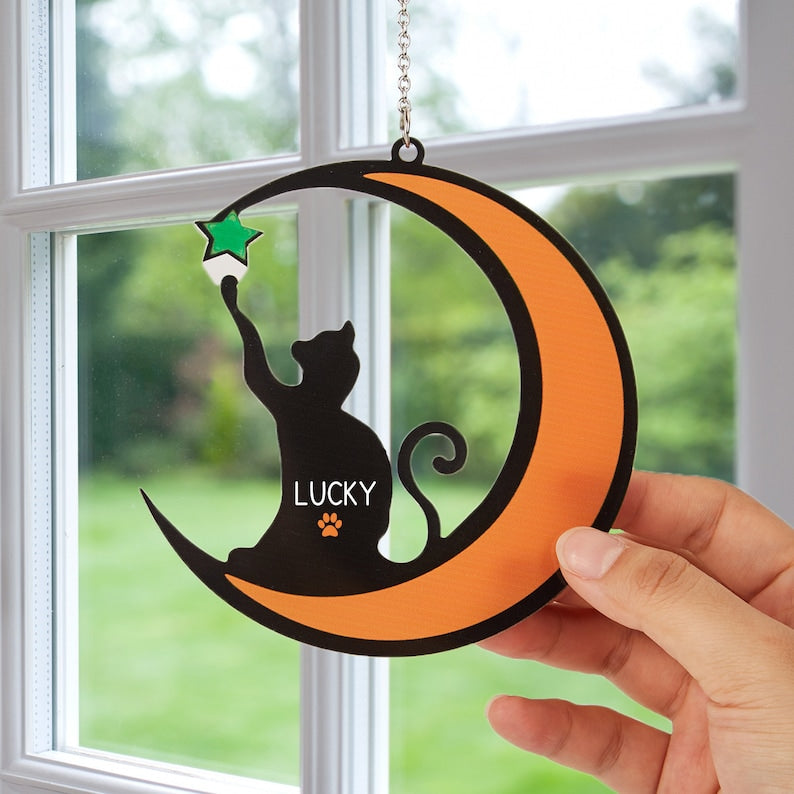 The Cat Trying To Catch A Star - Pet Memorial Gift - Personalized Window Hanging Suncatcher Ornament