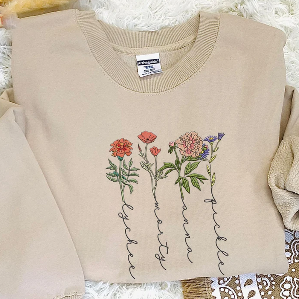 Custom Birth Month Garden Flower On Chest And Sleeve - Gift For Mom, Grandmother - Embroidered Sweatshirt