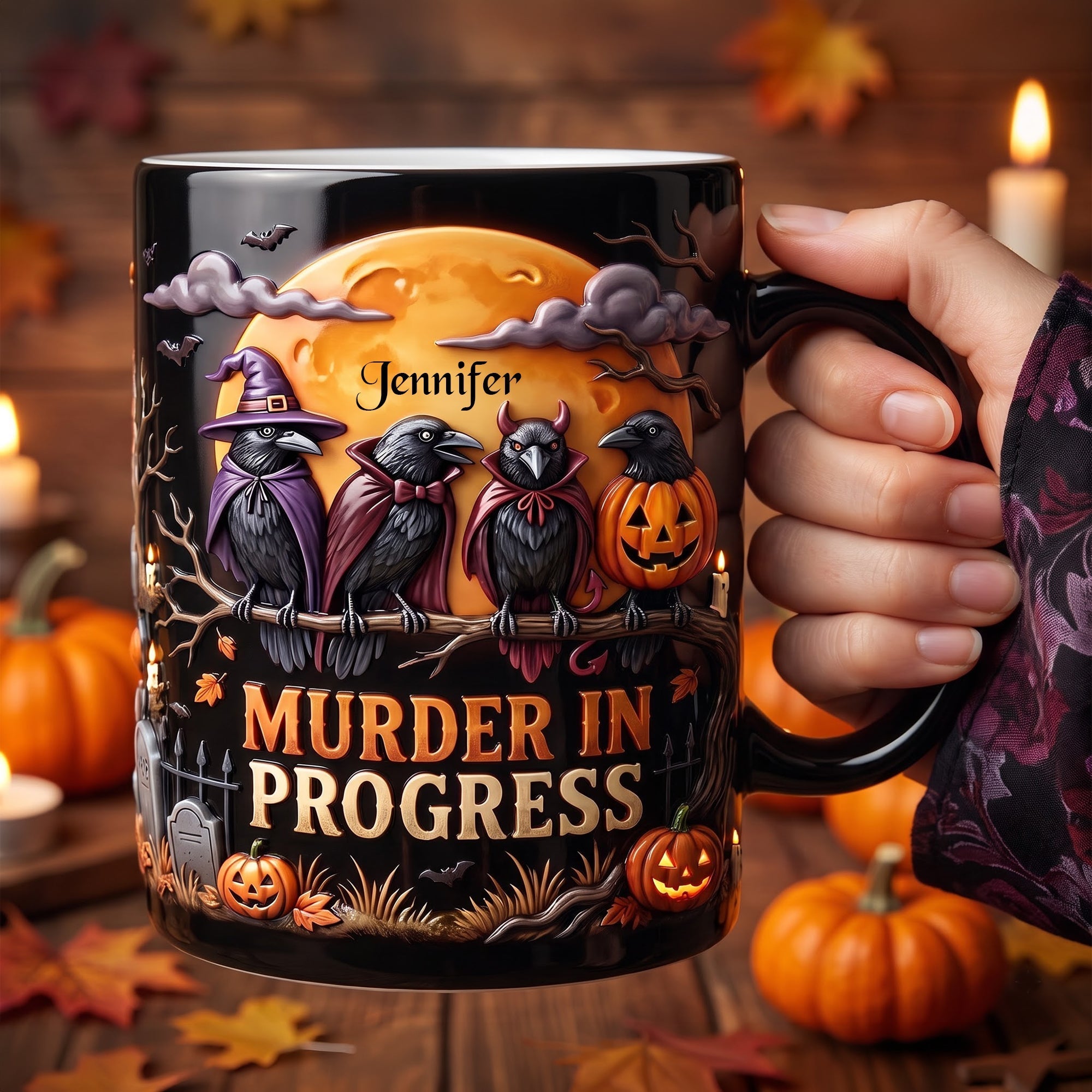 Murder In Progress Funny Crow Gothic Halloween Gift For Friend - Personalized 2 Type Mug HN02