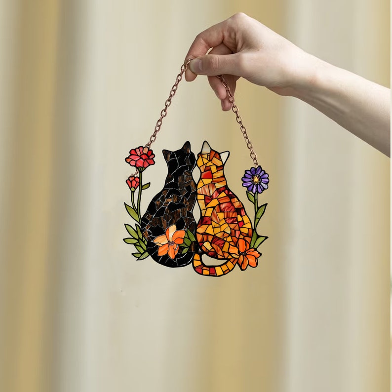 A Couple Of Cats And Flowers - Gift For Pet Lovers - Window Hanging Suncatcher Ornament