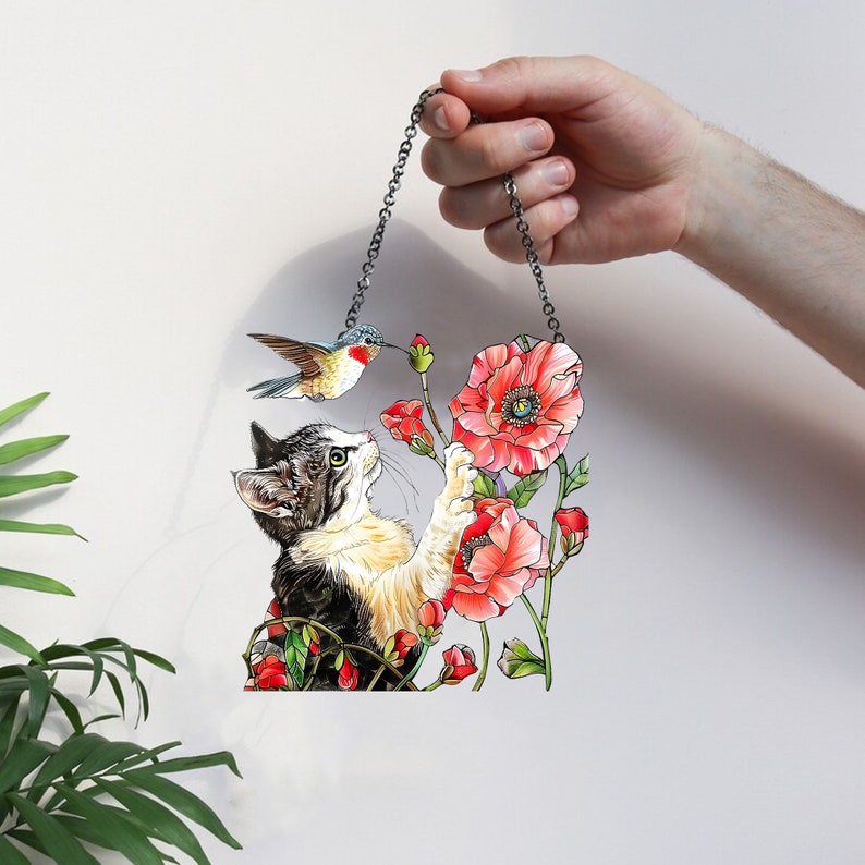 Lovely Cat Catching Humingbird - Gift For Cat Lovers - Window Hanging Suncatcher Ornament