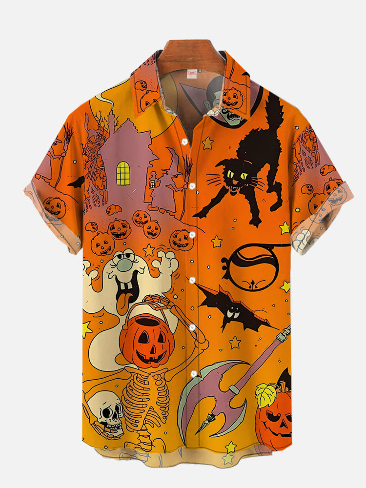 Orange Halloween Pattern Spooky Pumpkin And Scared Black Cat Hawaiian Shirt