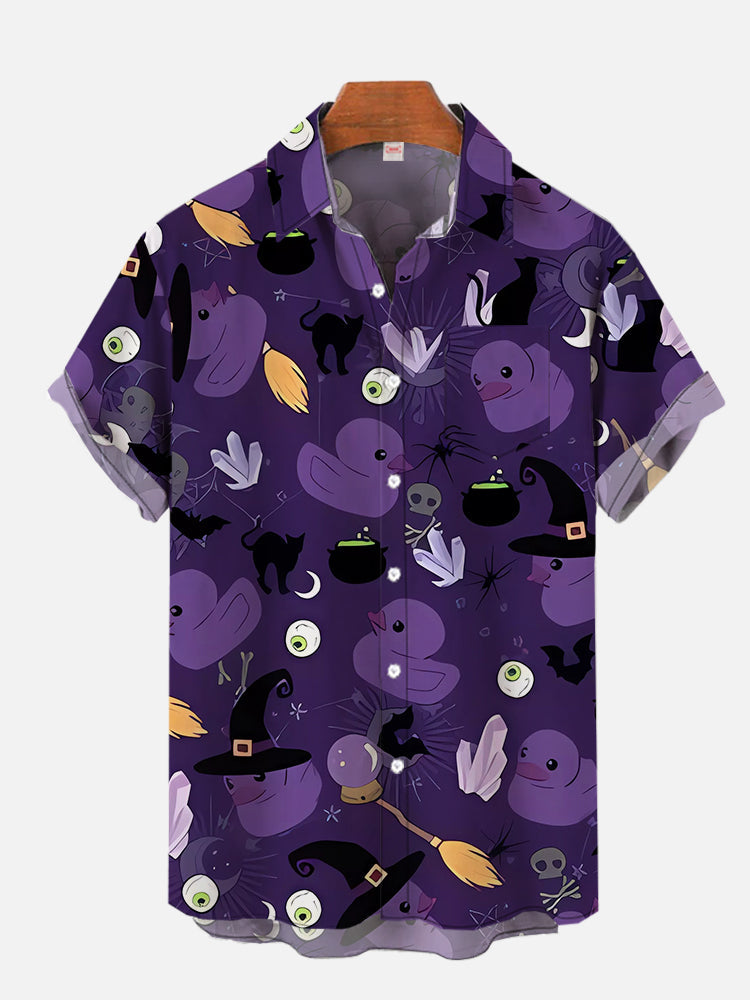 Purple Halloween Eyeball Black Cat And Wizard Rubber Duck Hawaiian Shirt