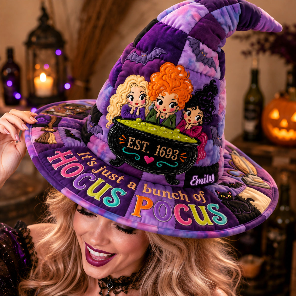 Three Witch Sisters Cauldron Halloween Costume, Purple Spooky Party - Personalized Quilted Witch Hat LA02