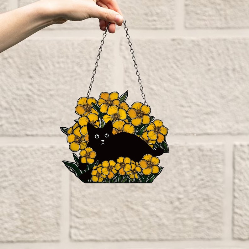 Black Cat And Yellow Flowers - Gift For Cat Lovers - Window Hanging Suncatcher Ornament