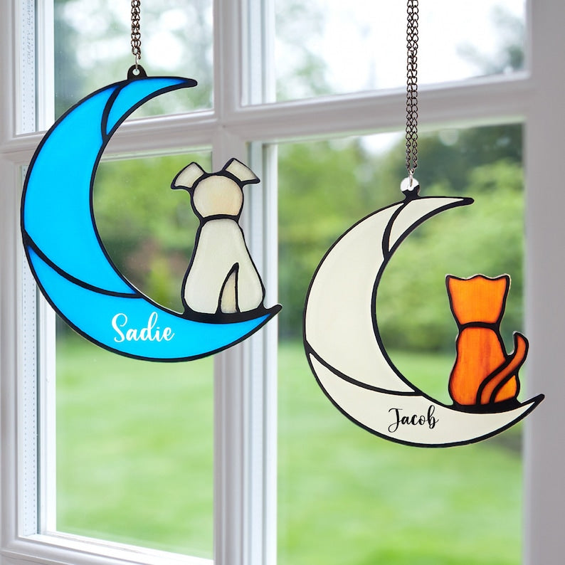 The Lovely Cat And Dog Sitting On The Moon - Gift For Pet Lovers - Personalized Window Hanging Suncatcher Ornament
