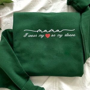 Custom Mama With Kid I Wear My Heart On Chest And Sleeve - Gift For Mom, Grandmother - Embroidered Sweatshirt