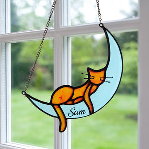 Sleeping Cat On Moon - Gift For Cat Lovers - Personalized Window Hanging Suncatcher Ornament