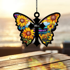 Sunflower Cross Butterfly Loss Of Loved One - Memorial Gift - Personalized Window Hanging Suncatcher Ornament