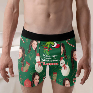 Custom Photo Kiss Me Under The Mistletoe  - Gift For Boyfriend, Husband, Anniversary - Funny Personalized Custom Boxer Briefs, Men's Boxers NH96