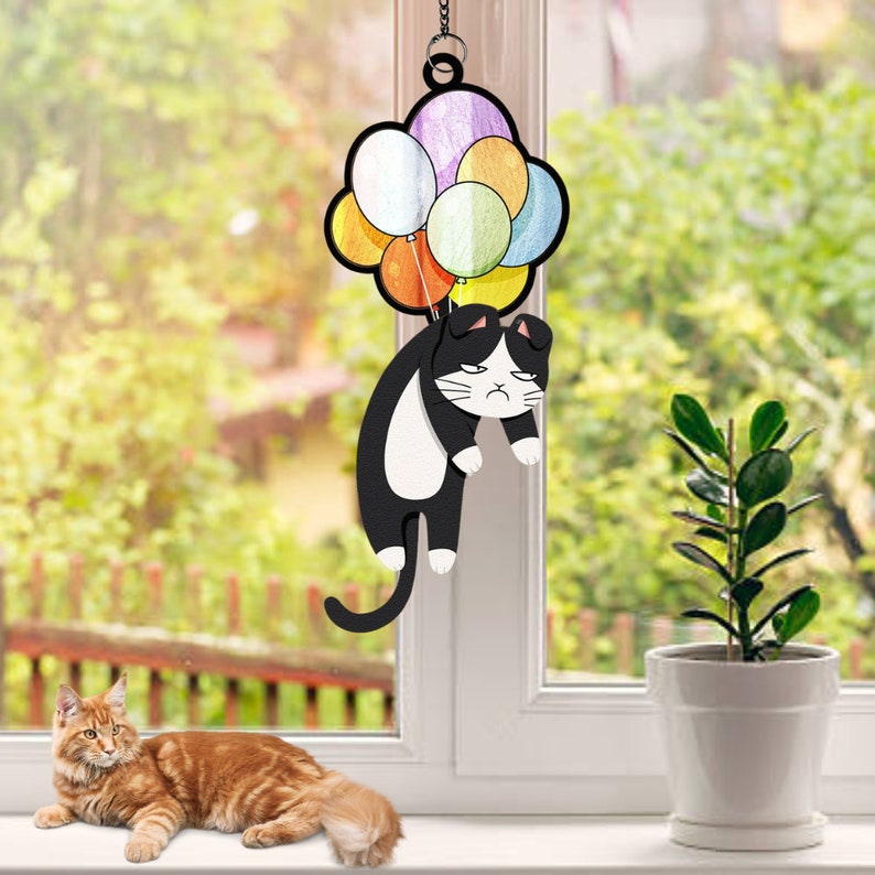 Hanging Cat By Bubbles - Gift For Cat Lovers - Personalized Window Hanging Suncatcher Ornament