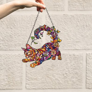 Flower Cat Pattern - Gift For Cat Lovers - Window Hanging Suncatcher Ornament