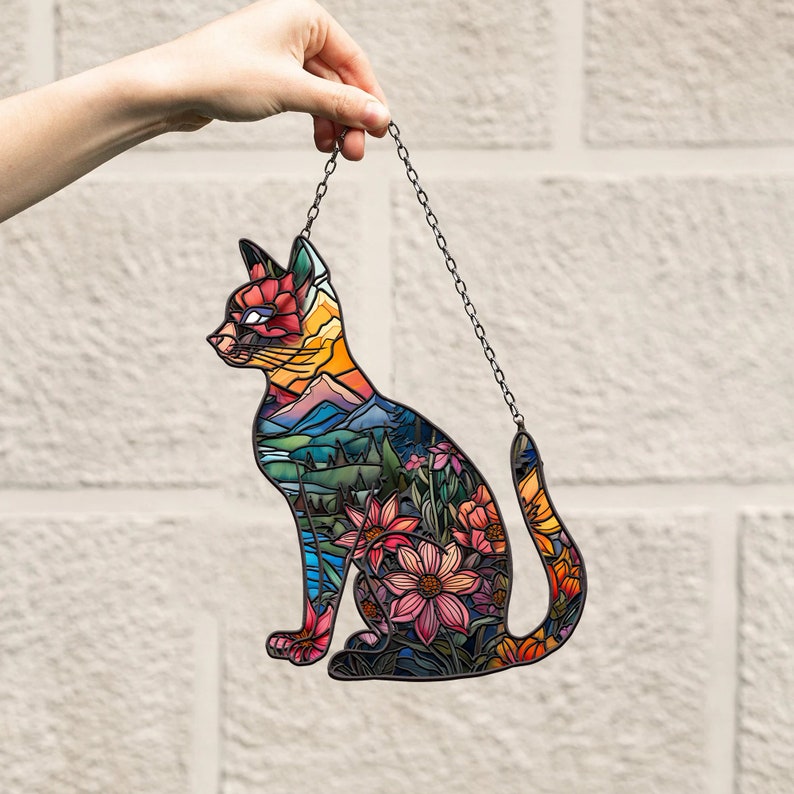 Flowers In The Valley Cat - Gift For Cat Lovers - Window Hanging Suncatcher Ornament