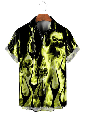 Casual Green Flame Skull Print Aloha Shirt