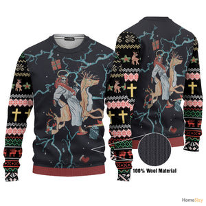 Jesus Riding Reindeer Black Ugly Christmas Sweater