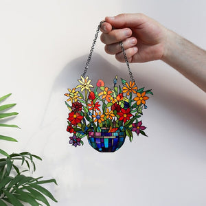 Yellow Flowers Basket - Gift For Friends, Family Members - Window Hanging Suncatcher Ornament